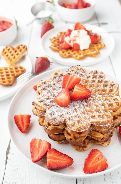 Stacked Waffles Strawberry Topping White Table Mothers Day — Stock Photo, Image