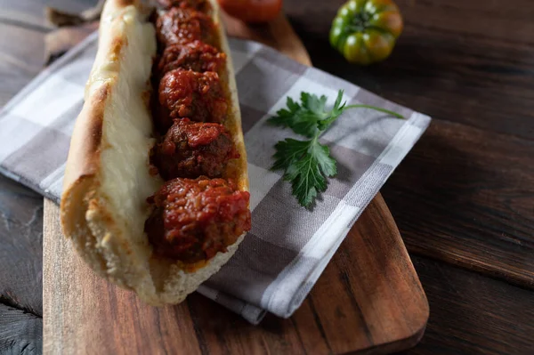 Meatball Sandwich Tomato Sauce Melted Mozzarella Cheese Wooden Table — Stock Photo, Image