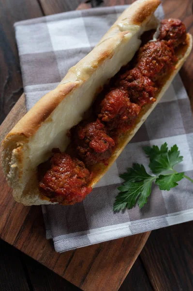 Italian Meatball Sandwich Tomato Sauce Mozzarella Cheese Baguette — Stock Photo, Image
