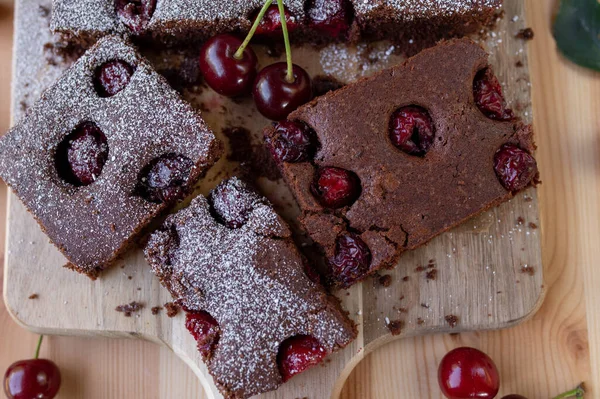 Chocolate Cherry Cake Wooden Table — Stock Photo, Image