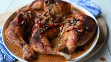 Kadınların eli pişmiş tavuk bacaklarının üzerine taze krema sosu döküyor. Lezzetli basit ev yapımı akşam yemeği ya da tabakta öğle yemeği