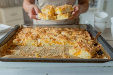 Taze ve ev yapımı mandalinalı kek servisi yapan bir kadın..