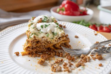 Biftekle doldurulmuş ev yapımı enchilada peynirli ve ekşi kremalı bir tabakta