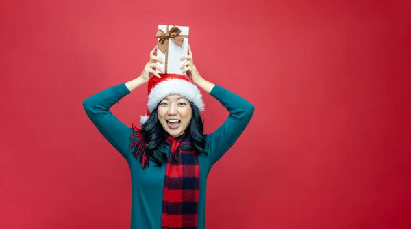 Mooie Glimlachende Aziatische Vrouw Warme Kerst Trui Kerstman Hoed Met — Stockfoto