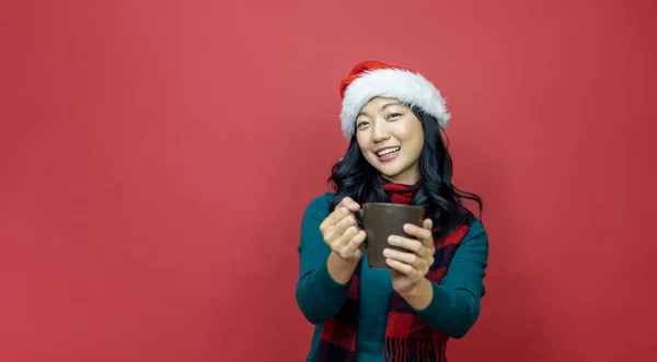 Sıcak Noel Süveteri Noel Baba Şapkası Giymiş Güzel Gülümseyen Asyalı — Stok fotoğraf