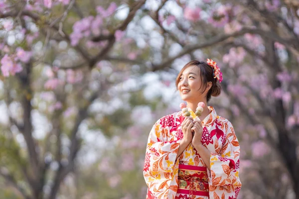 Mulher Japonesa Vestido Quimono Tradicional Segurando Sobremesa Doce Hanami Dango — Fotografia de Stock