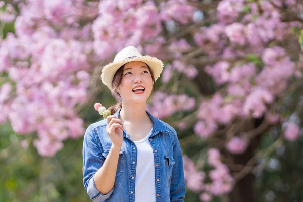 Mulher Asiática Segurando Sobremesa Doce Hanami Dango Enquanto Caminha Parque — Fotografia de Stock