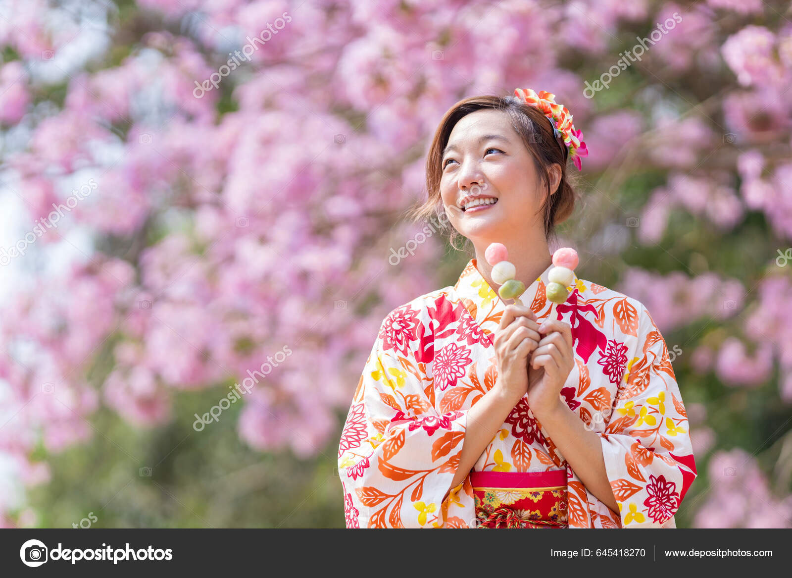 Japanilainen Nainen Perinteisessä Kimono Mekko Tilalla Makea Hanami Dango  Jälkiruoka — valokuva © akarawut #645418270