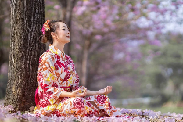 Japanese Woman Kimono Dress Doing Meditation Sakura Tree Cherry Blossoming — Stock Photo, Image