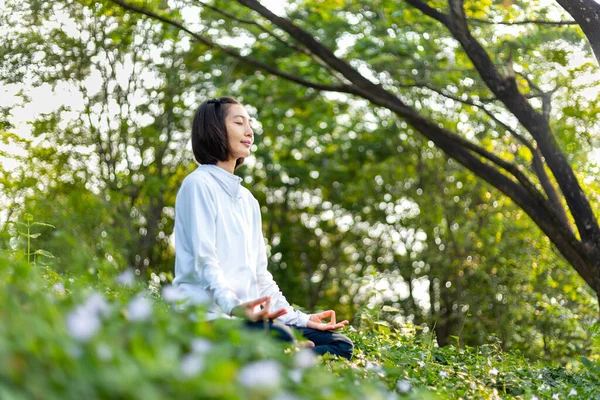 Asian Woman Relaxingly Practicing Meditation Yoga Forest Full Wild Flower — Stock Photo, Image