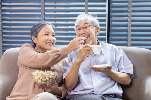 Kıdemli Asyalı Çift Kanepede Otururken Gülümsüyor Zihinsel Sağlık Uzun Yaşam — Stok fotoğraf