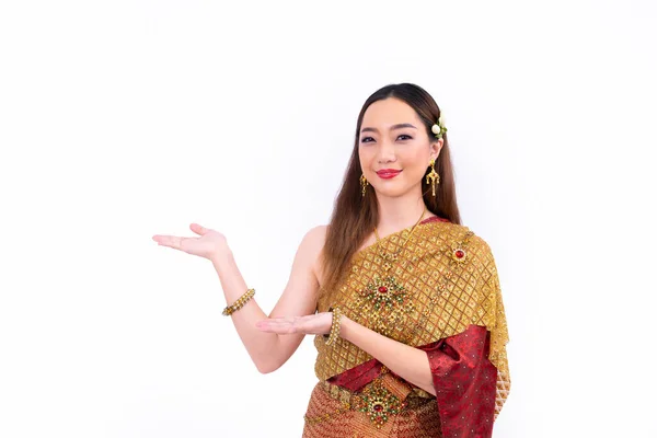 Тайская Женщина Элегантном Богатом Традиционном Платье Делает Вручную Презентацию Жеста — стоковое фото