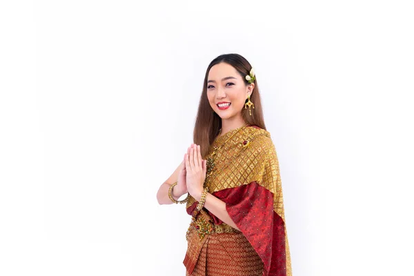 Tajska Kobieta Eleganckim Bogatym Tradycyjnym Stroju Respektuje Powitanie Gest Powitania — Zdjęcie stockowe