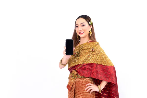 Thai Elegáns Gazdag Hagyományos Ruha Holding Mobiltelefon Népszerűsítésére Kultúra Thaiföldön — Stock Fotó