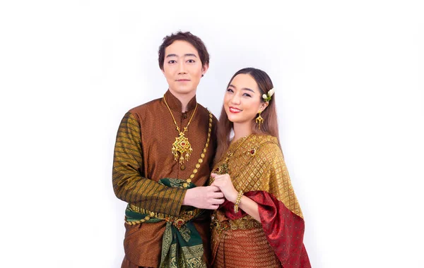 Couple Mari Femme Portant Des Vêtements Traditionnels Thaïlandais Isolés Sur — Photo