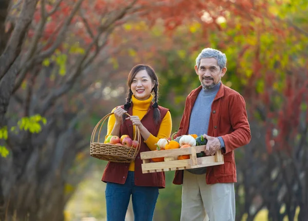 Mutlu Çiftçi Ailesi Güz Mevsiminde Elma Kabak Akçaağaç Renginde Meyve — Stok fotoğraf