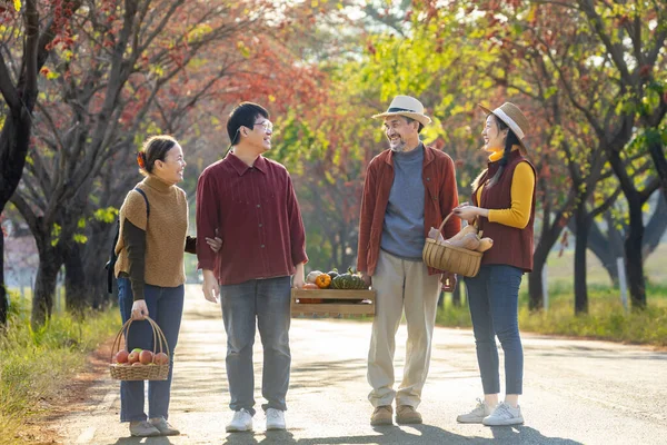 Happy Asian farmer family with senior parent are carrying produce harvest with homegrown organics apple, squash and pumpkin with fall color from maple tree during autumn season for agriculture concept
