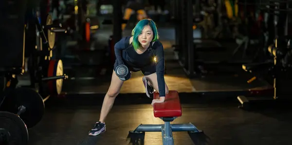 亚洲女人 体格强壮 体格健壮 弯腰翻背哑铃 长椅凝视着摄像机 在体育馆里锻炼后背和翼肌肉 采用深色色调 — 图库照片