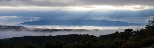 Panoramische Opname Van Zon Straal Ochtend Met Mist Stromen Door — Stockfoto