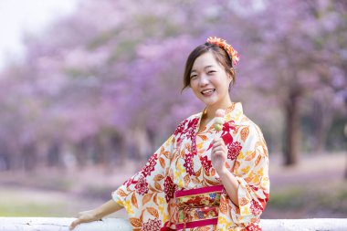 Geleneksel kimono elbiseli Japon kadın elinde tatlı Hanami Dango tatlısıyla bahar Sakura Festivali 'nde kiraz ağacı bahçesinde yürürken.