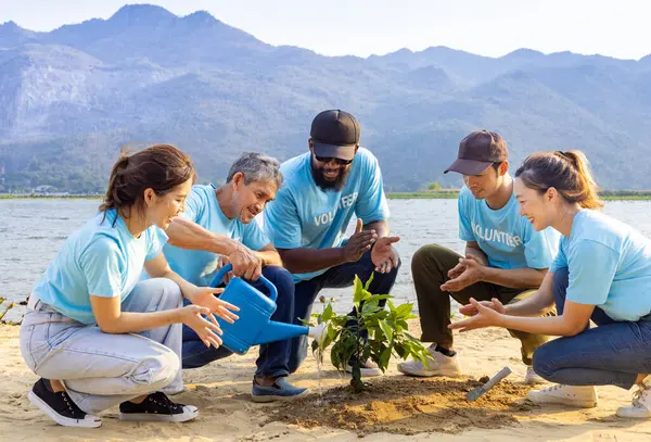 Team of young and diversity volunteer worker group enjoy charitable social work outdoor in tree forest planting NGO work for fighting climate change and global warming in coastline habitat
