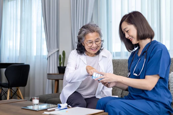 Senior Woman Get Medical Service Visit Caregiver Nurse Home While — Stock Photo, Image