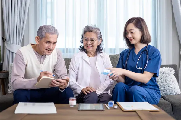 Senior Couple Got Medical Service Visit Caregiver Nurse Home While — Stock Photo, Image