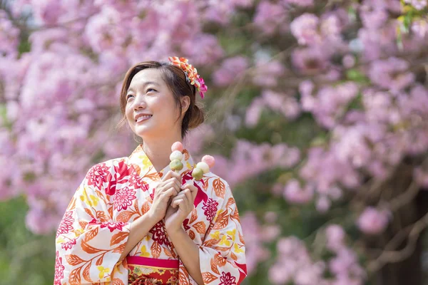 Japanese Woman Traditional Kimono Dress Holding Sweet Hanami Dango Dessert — Stock Photo, Image