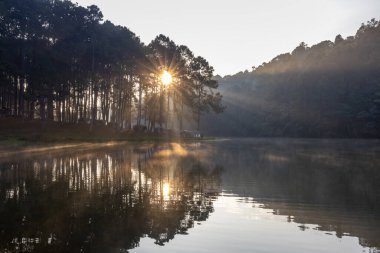 Güneşin doğuşu sisli dağ gölünün üzerinde ışık huzmesi ve kamp alanı ile Pang Oung, Mae Hong Son, Tayland