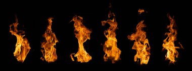 Grafik tasarım kullanımı için koyu arkaplanda izole edilmiş ateş ve yanan alev seti