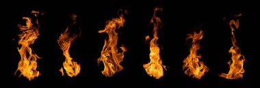 Grafik tasarım kullanımı için koyu arkaplanda izole edilmiş ateş ve yanan alev seti