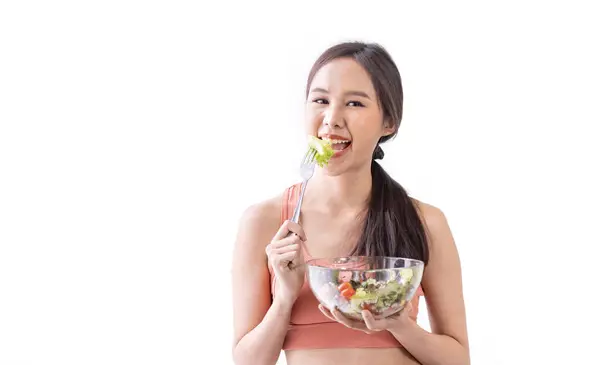 Femme Asiatique Vêtements Sport Tenant Bol Salade Fraîche Pour Une Photos De Stock Libres De Droits