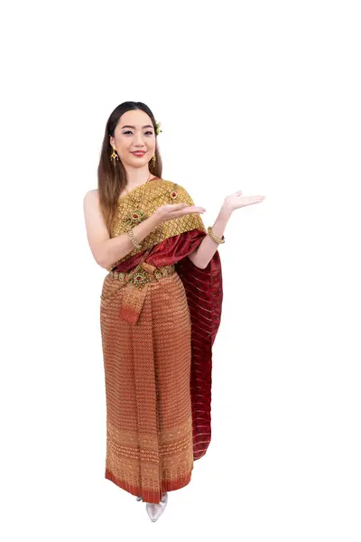 Тайская Женщина Элегантном Богатом Традиционном Платье Делает Вручную Презентацию Жеста Лицензионные Стоковые Изображения