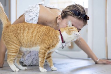 Kedi sahibi, kızıl kedisini bakıcısının yatılı servisi ve hayat arkadaşı eşinden kurtardıktan sonra sevgi ve özenle öpüyor.