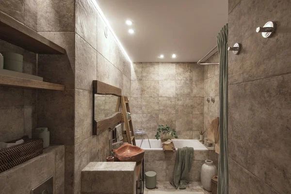 Modernes Japanisches Badezimmerdesign Erdtönen Natürliche Strukturen Mit Möbeln Aus Massiver — Stockfoto