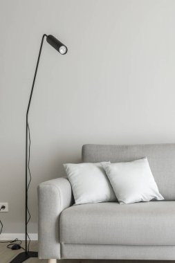 Modern minimalist oturma odası içi gri kanepe, deri koltuk, siyah zarif lamba. Estetik basit iç tasarım konsepti.
