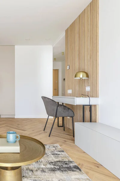 Modern minimalist interior design  with wooden furniture, oak floor.  Aesthetic simple interior design concept.