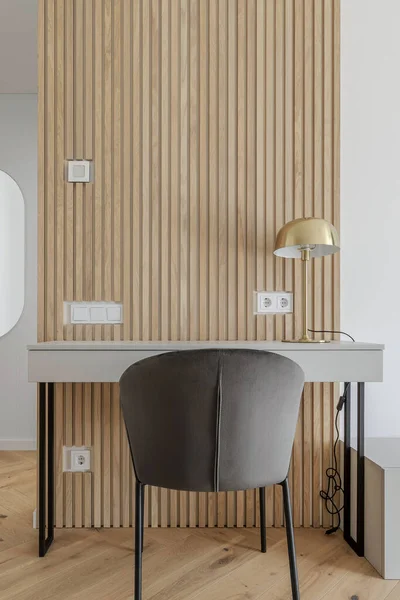 Modern minimalist interior design  with wooden furniture, oak floor in Scandinavian style.  Aesthetic simple interior design concept.