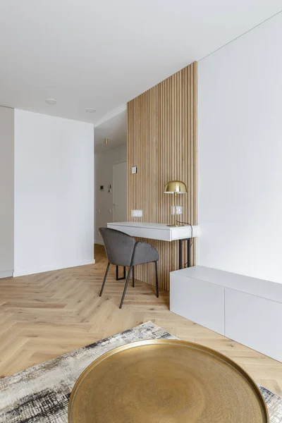 Modern Minimalist Interior Design Wooden Furniture Oak Floor Scandinavian Style — Fotografia de Stock