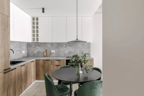 Moderna Cozinha Minimalista Sala Jantar Interior Com Superfícies Madeira Branco — Fotografia de Stock