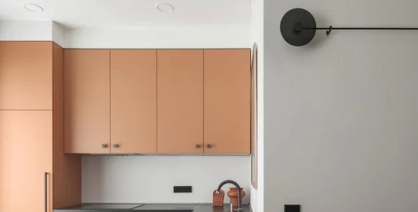 Minimalistic kitchen interior design in grey and terracotta shades. Clean kitchen interior concept