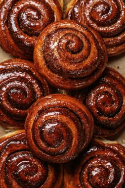 Freshly baked homemade Cinnamon rolls or Cinnamon buns on baking paper. Full frame shot