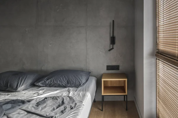 Minimalistic Black Wall Light Modern Bedroom Interior Grey Black Colours — Φωτογραφία Αρχείου