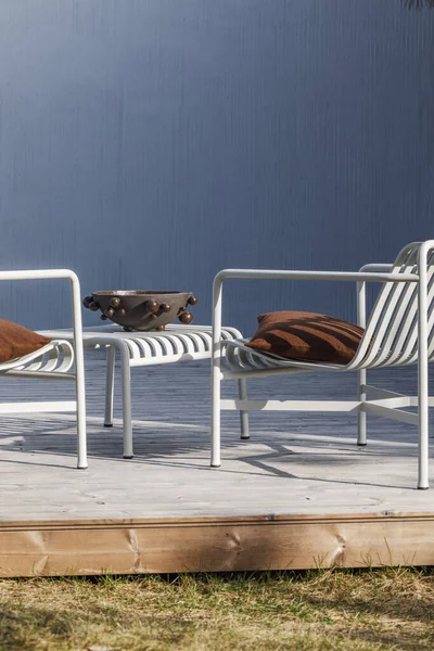 Outdoor Patio Terrace Grey Metal Furniture Wooden Deck Cozy Patio — Stock Photo, Image