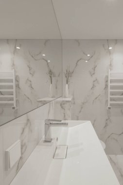 Modern minimalist beyaz banyo iç tasarımı mermer tarzı fayanslar, beyaz musluklar, vazo ve duvar ısıtıcısı