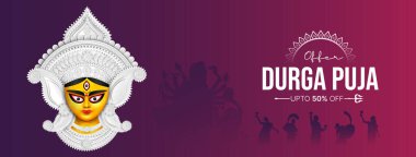 Tanrıça Maa Durga Face in Happy Durga Puja, Dussehra, and Navratri Celebrelebration Concept for Web Banner, Poster, Social Media Post, and Flyer Advertising