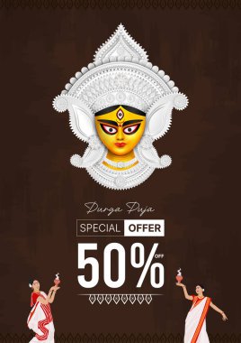 Tanrıça Maa Durga Face in Happy Durga Puja, Dussehra, and Navratri Celebrelebration Concept for Web Banner, Poster, Social Media Post, and Flyer Advertising