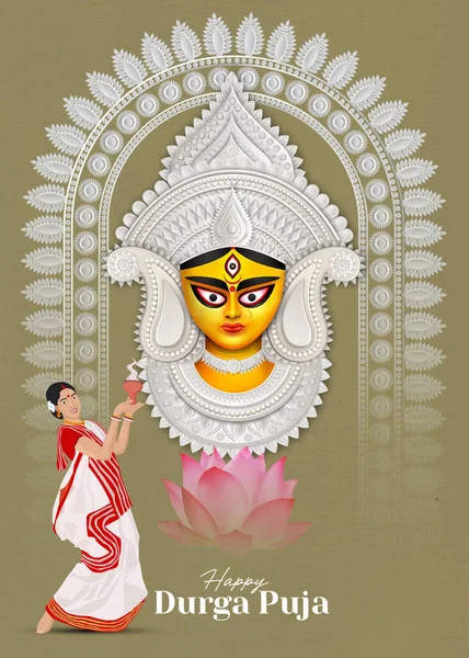 Design Banner Criativo Durga Puja Feliz Com Ilustração Durga Face — Vetor de Stock