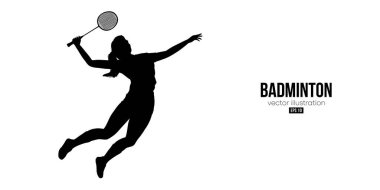 Beyaz arka planda bir badminton oyuncusunun soyut silueti. Badminton oyuncusu kadın, servis horozuna vuruyor. Vektör illüstrasyonu