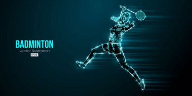 Siyah arka planda bir badminton oyuncusunun soyut silueti. Badminton oyuncusu kadın, servis horozuna vuruyor. Vektör illüstrasyonu